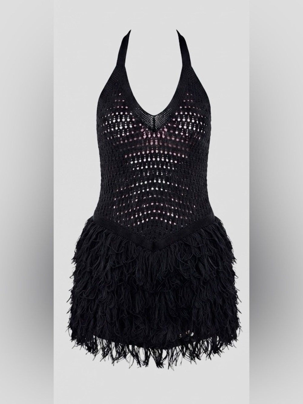 Musera Black Crochet Fringe Halter Mini Dress Boho Cover Up XL - Picture 2 of 14